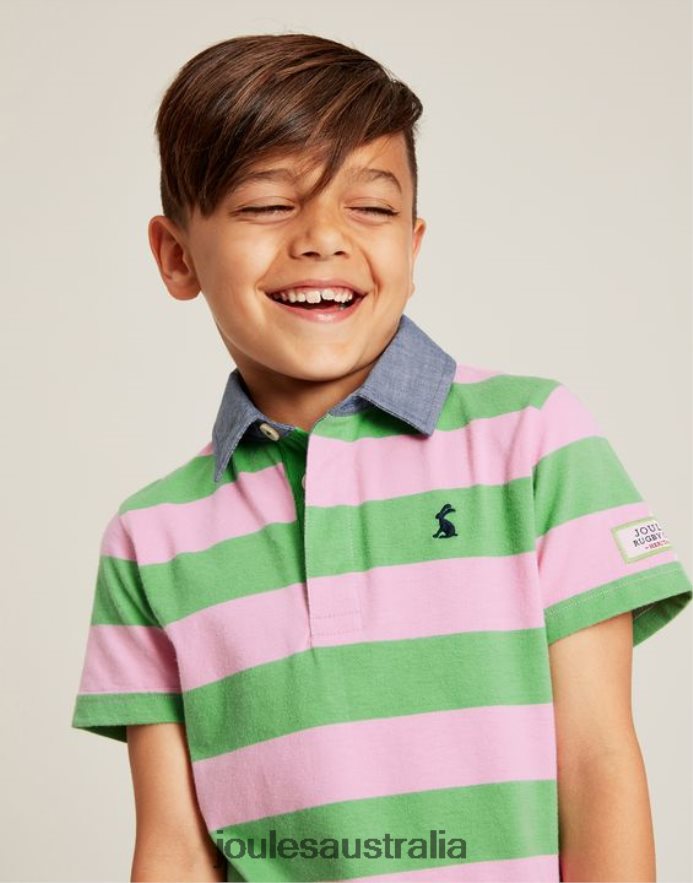 Joules Apparel Boys Ozzy Stripe Jersey Polo Shirt 2-12 Years NVVNL337 GREEN PINK STRIPE