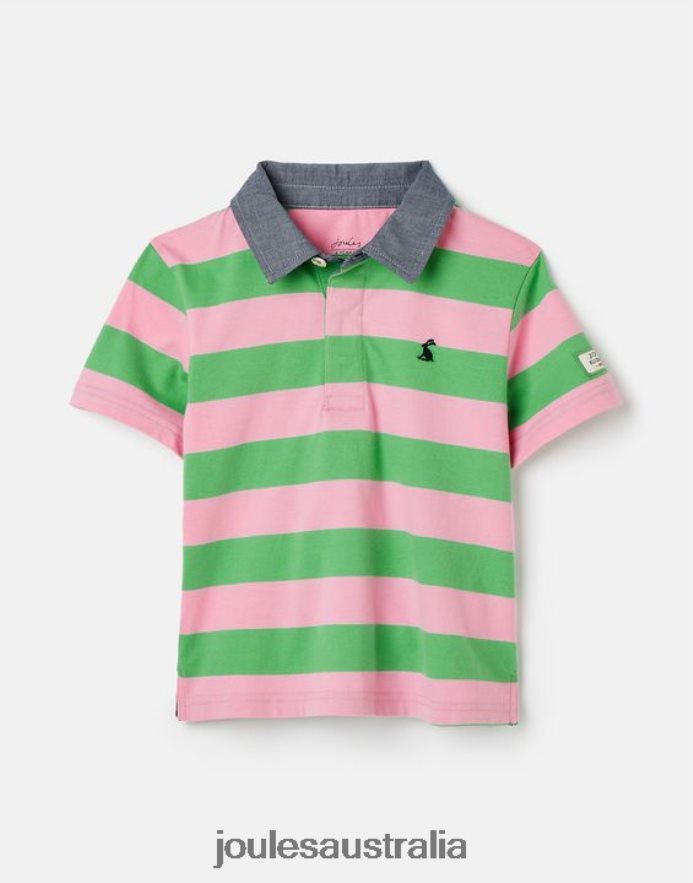 Joules Apparel Boys Ozzy Stripe Jersey Polo Shirt 2-12 Years NVVNL337 GREEN PINK STRIPE