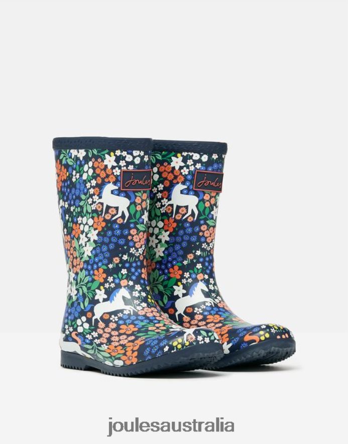 Joules Footwear Girls Roll Up Flexible Printed Rain Boots NVVNL331 NAVY HORSES