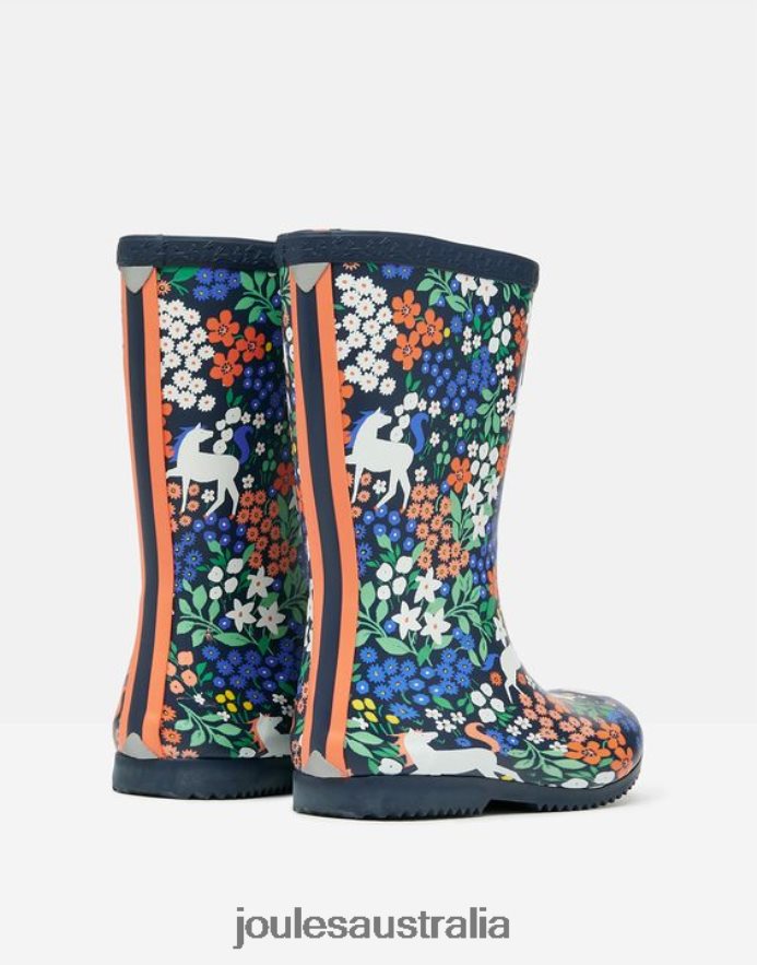 Joules Footwear Girls Roll Up Flexible Printed Rain Boots NVVNL331 NAVY HORSES