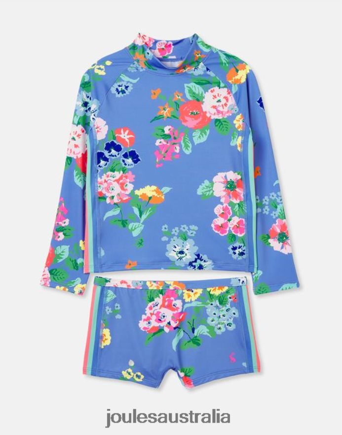 Joules Apparel Girls Beachside Rash Vest And Trunk Set NVVNL291 BLUE FLORAL