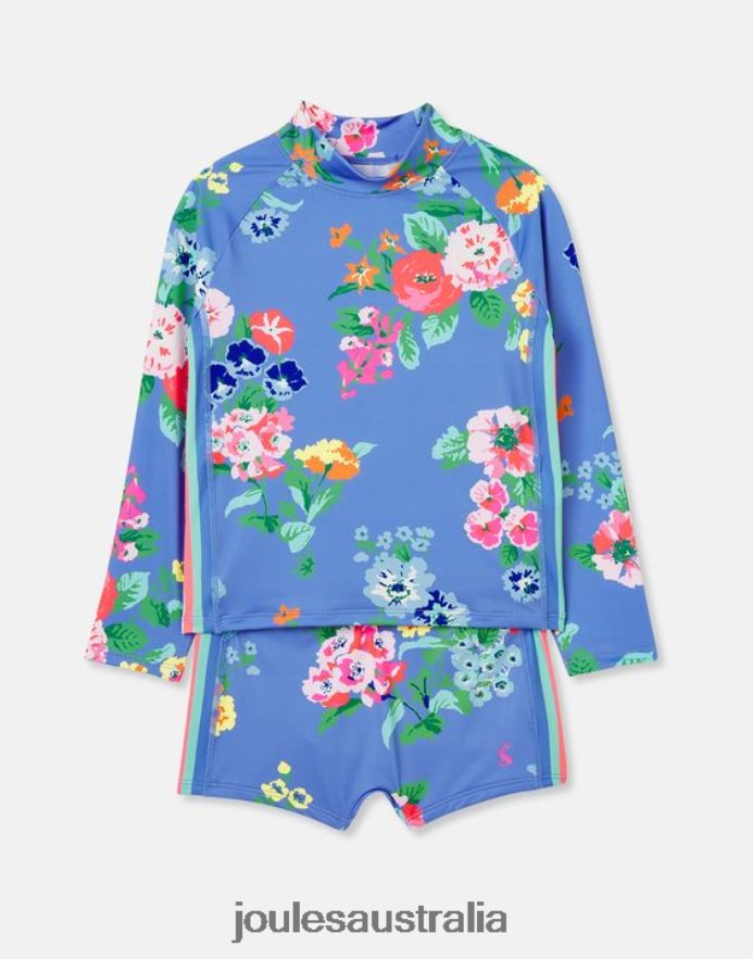 Joules Apparel Girls Beachside Rash Vest And Trunk Set NVVNL291 BLUE FLORAL
