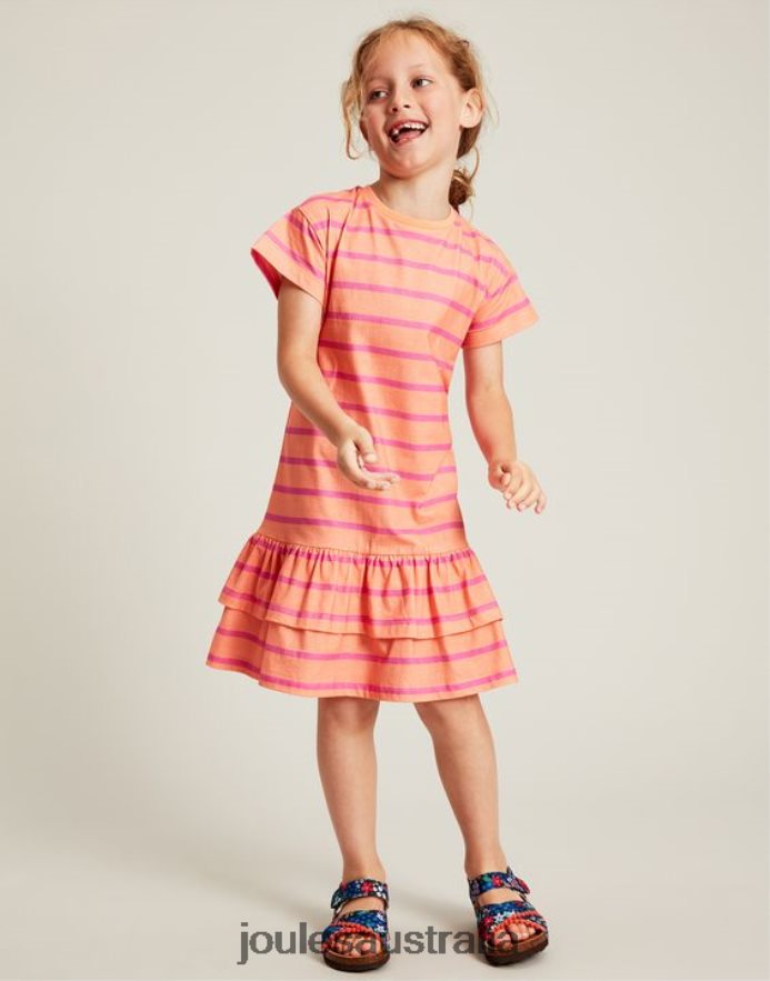 Joules Apparel Girls Markleigh Short Sleeve Peplum Jersey Dress 2-12 Years NVVNL256 PEACH STRIPE