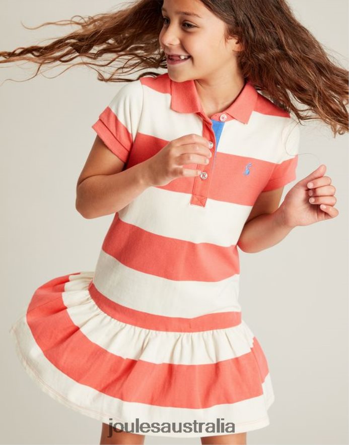 Joules Apparel Girls Orla Short Sleeve Polo Dress 2-12 Years NVVNL262 CORAL STRIPE
