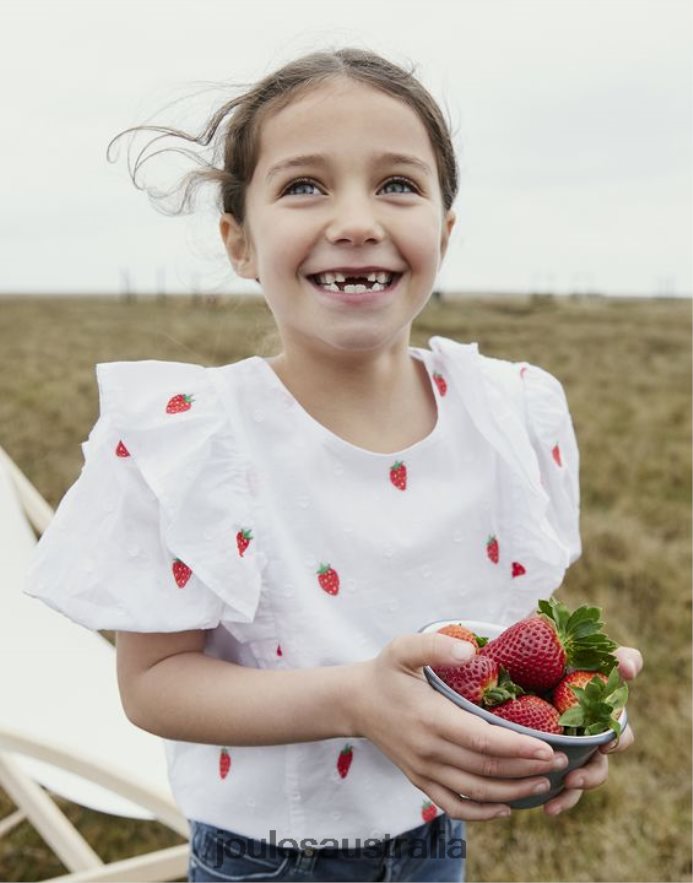 Joules Apparel Girls Lauren Woven Frill Shell Top NVVNL318 STRAWBERRY SPOT