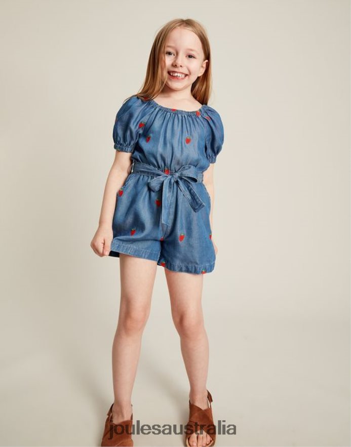 Joules Apparel Girls Betty Square Neck Playsuit 2-12 Years NVVNL280 CHAMBRAY STRAWBERRY