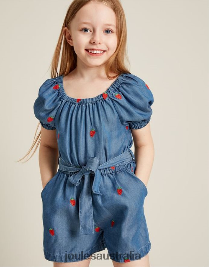 Joules Apparel Girls Betty Square Neck Playsuit 2-12 Years NVVNL280 CHAMBRAY STRAWBERRY