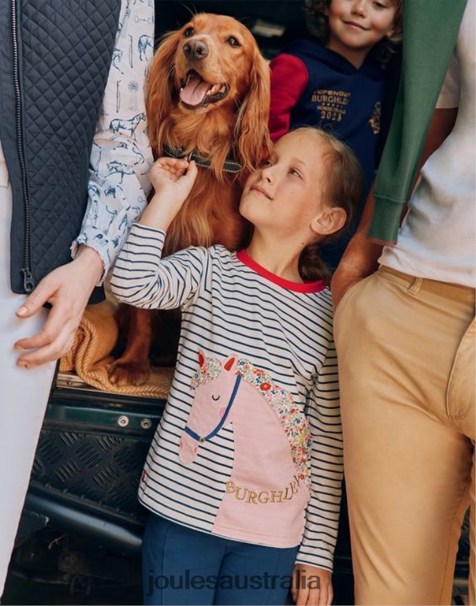 Joules Apparel Girls Burghley Long Sleeve T-Shirt 2-12 Years NVVNL287 NAVY HORSE STRIPE