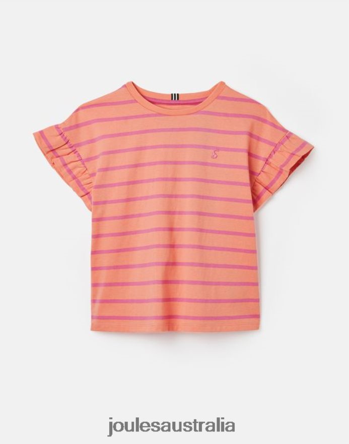 Joules Apparel Girls Frillside Short Sleeve Frill T-Shirt 2-12 Years NVVNL297 PEACH STRIPE