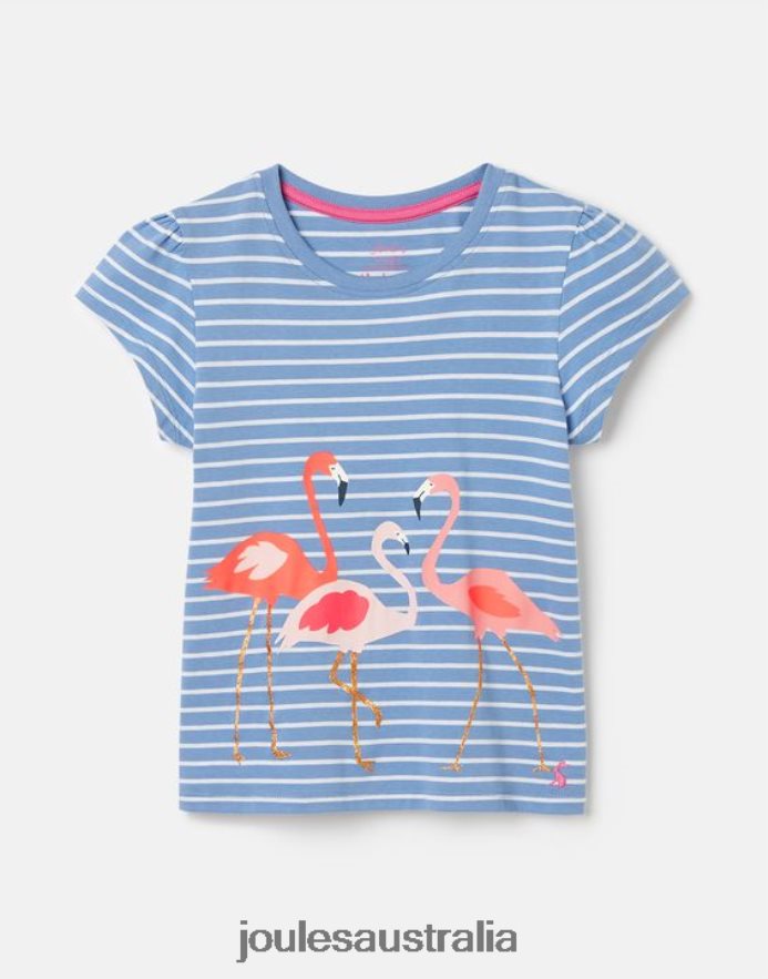 Joules Apparel Girls Pixie Screenprint T-Shirt 2-12 Years NVVNL289 BLUE STRIPE FLAMINGO