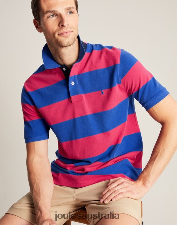 Joules Apparel Men Filbert Polo Shirt NVVNL204 MID BLUE PINK STRIPE