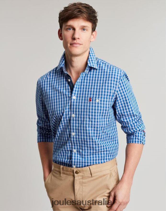 Joules Apparel Men Abbott Classic Fit Peached Poplin Shirt NVVNL212 BLUE GINGHAM