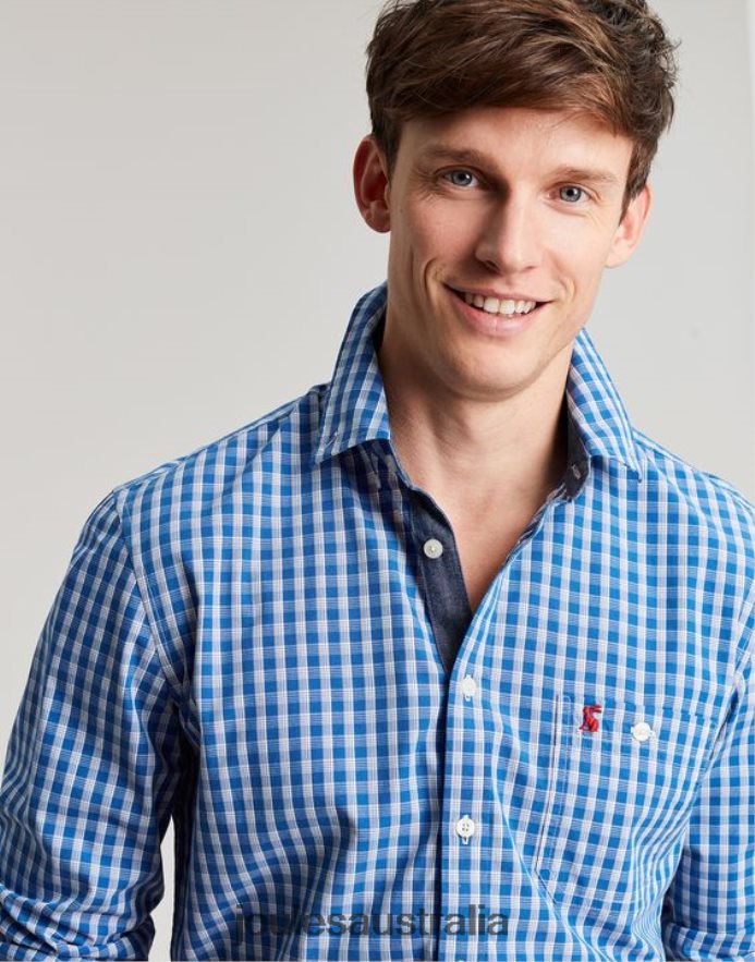 Joules Apparel Men Abbott Classic Fit Peached Poplin Shirt NVVNL212 BLUE GINGHAM