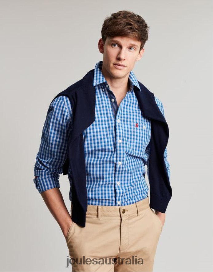 Joules Apparel Men Abbott Classic Fit Peached Poplin Shirt NVVNL212 BLUE GINGHAM