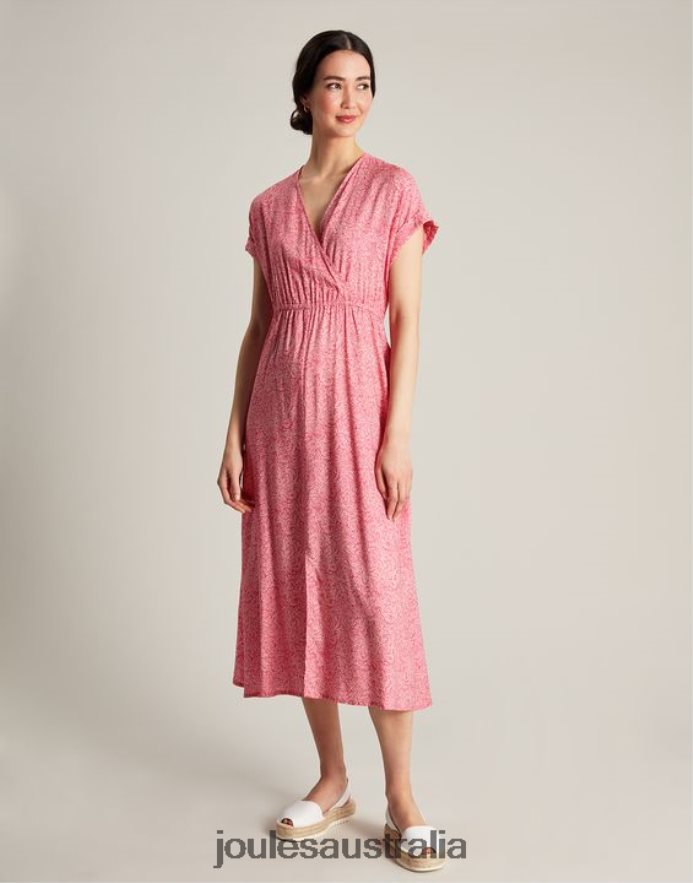 Joules Apparel Women Abigail V Neck Dress NVVNL96 HOT PINK WILLOW SPOT