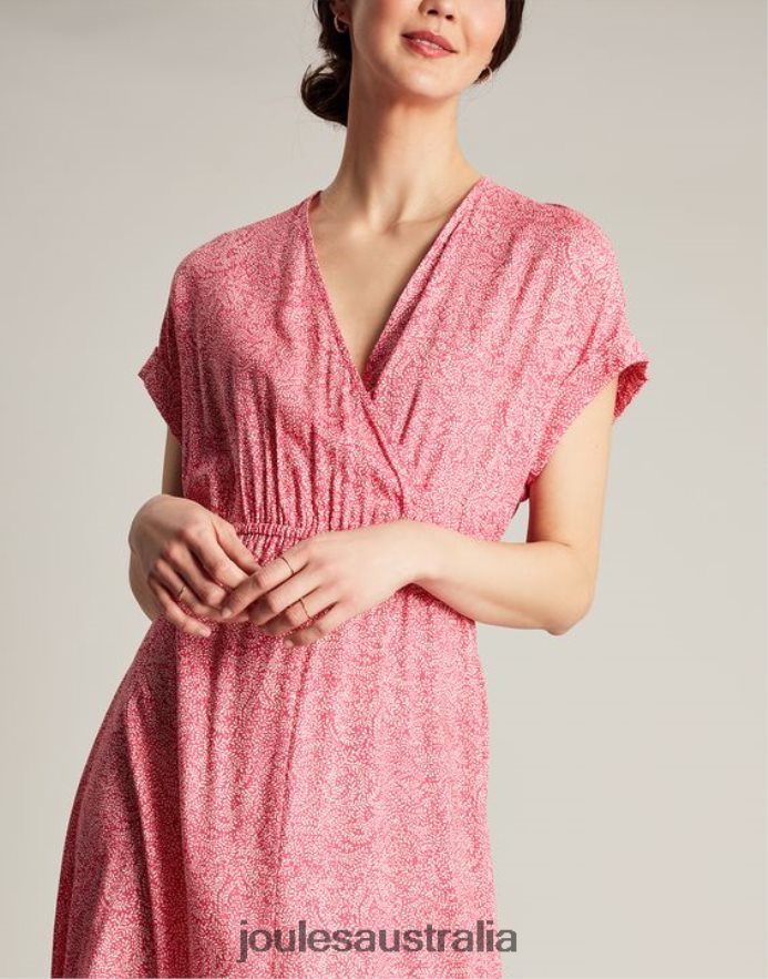 Joules Apparel Women Abigail V Neck Dress NVVNL96 HOT PINK WILLOW SPOT