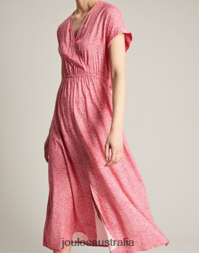 Joules Apparel Women Abigail V Neck Dress NVVNL96 HOT PINK WILLOW SPOT