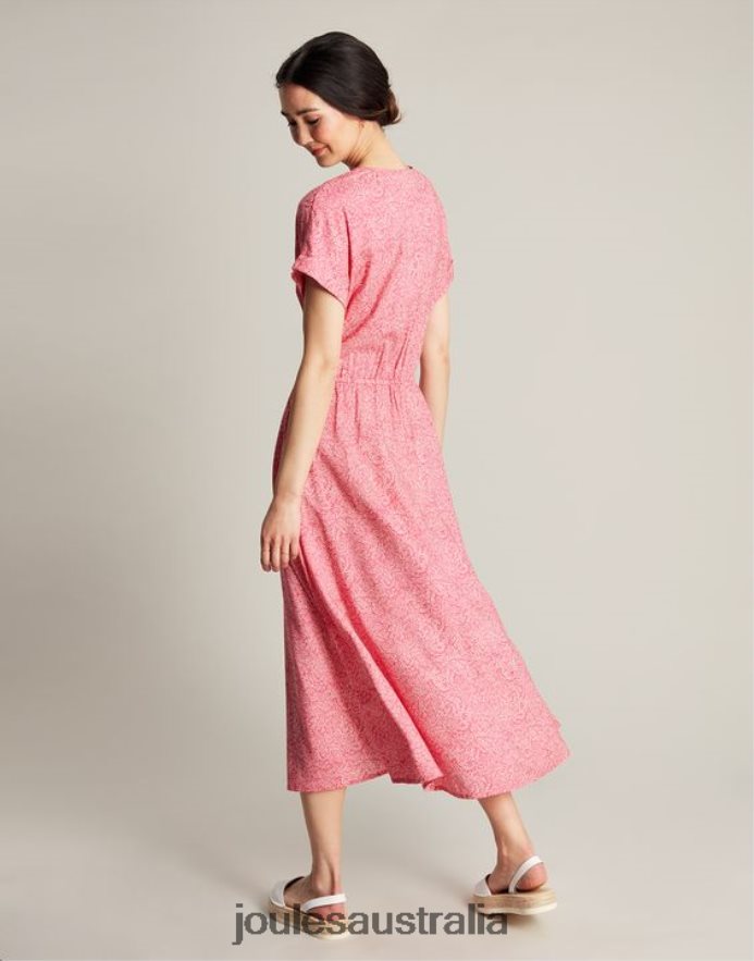 Joules Apparel Women Abigail V Neck Dress NVVNL96 HOT PINK WILLOW SPOT