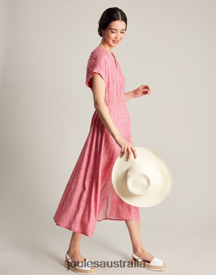 Joules Apparel Women Abigail V Neck Dress NVVNL96 HOT PINK WILLOW SPOT
