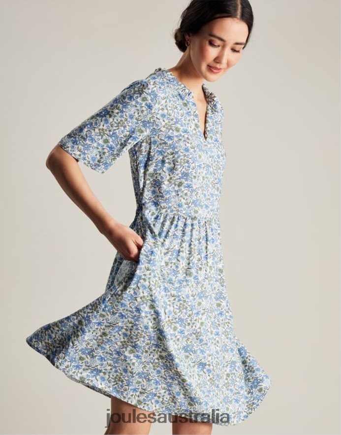 Joules Apparel Women Lotty Frill Neckline Short Dress NVVNL17 BLUE DITSY