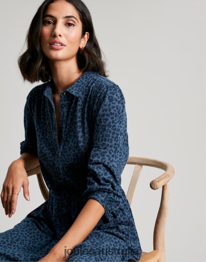 Joules Apparel Women Nova Jersey Midi Shirt Dress NVVNL94 BLUE LEOPARD