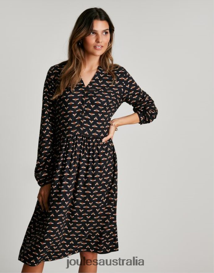Joules Apparel Women Sophia Half Placket Shirt Dress NVVNL138 BLACK BEE