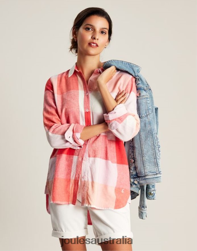 Joules Apparel Women Lorena Longline Woven Shirt NVVNL26 PINK CHECK