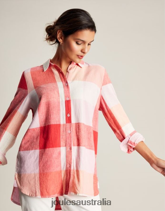 Joules Apparel Women Lorena Longline Woven Shirt NVVNL26 PINK CHECK