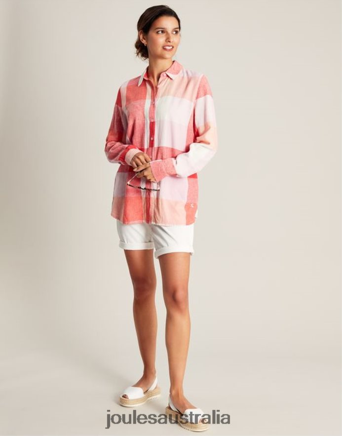 Joules Apparel Women Lorena Longline Woven Shirt NVVNL26 PINK CHECK