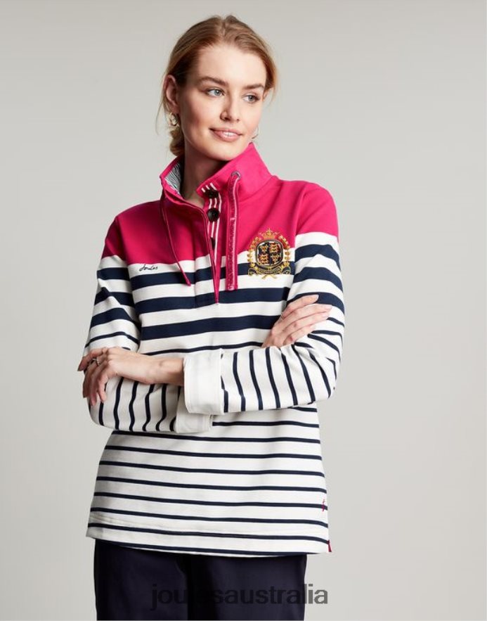 Joules Apparel Women Badminton Saunton Funnel Neck Sweatshirt NVVNL28 PINK NAVY STRIPE