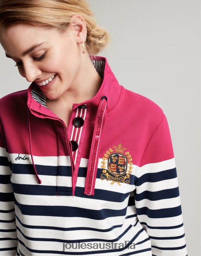 Joules Apparel Women Badminton Saunton Funnel Neck Sweatshirt NVVNL28 PINK NAVY STRIPE