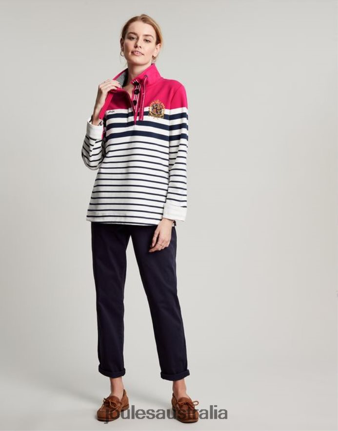 Joules Apparel Women Badminton Saunton Funnel Neck Sweatshirt NVVNL28 PINK NAVY STRIPE