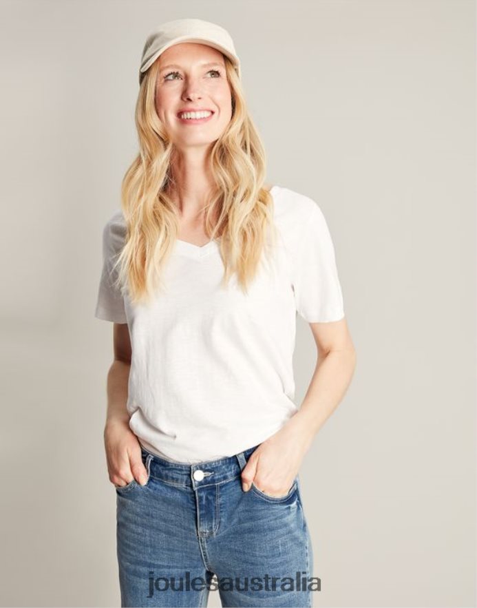 Joules Apparel Women Celina Solid V Neck T-Shirt NVVNL60 BRIGHT WHITE