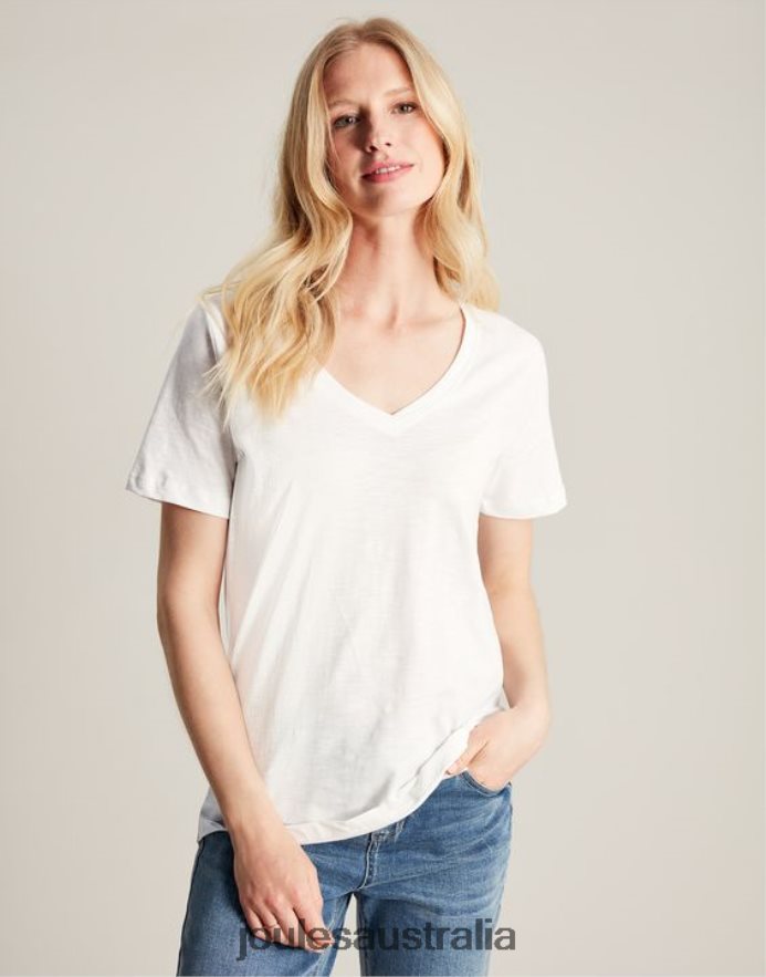 Joules Apparel Women Celina Solid V Neck T-Shirt NVVNL60 BRIGHT WHITE