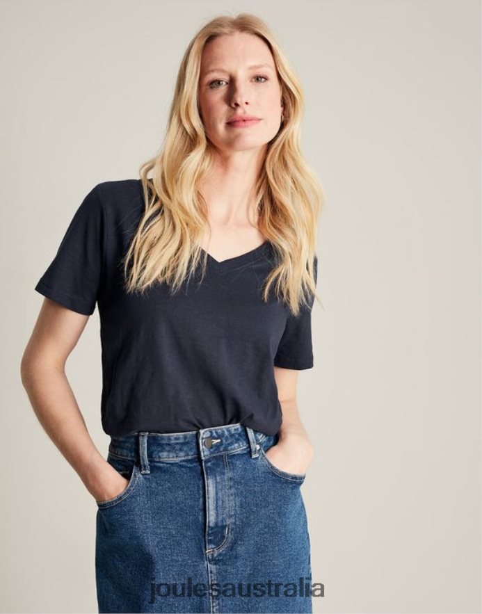 Joules Apparel Women Celina Solid V Neck T-Shirt NVVNL77 FRENCH NAVY