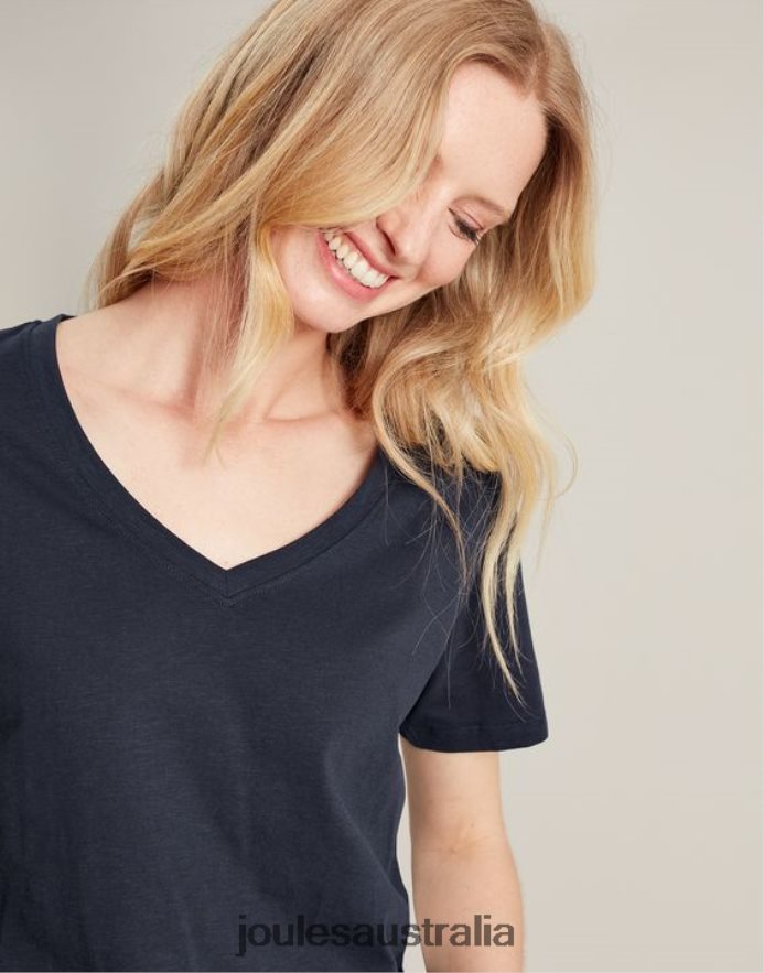 Joules Apparel Women Celina Solid V Neck T-Shirt NVVNL77 FRENCH NAVY