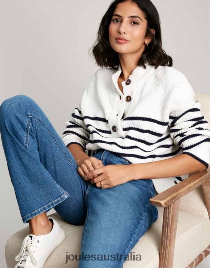 Joules Apparel Women Cove Button Through Chunky Sweater NVVNL90 NAVY CREME STRIPE