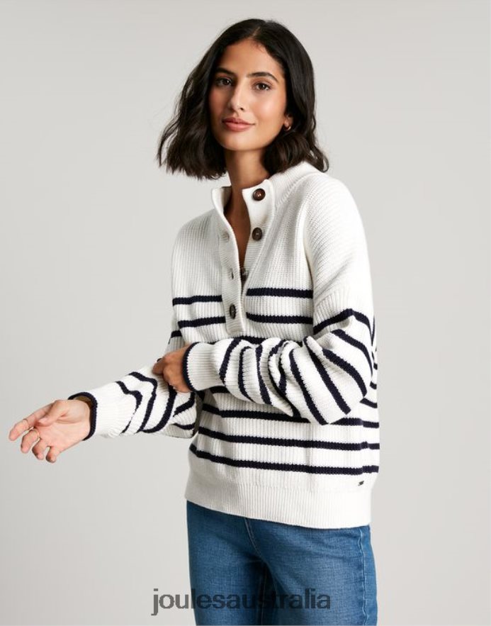 Joules Apparel Women Cove Button Through Chunky Sweater NVVNL90 NAVY CREME STRIPE