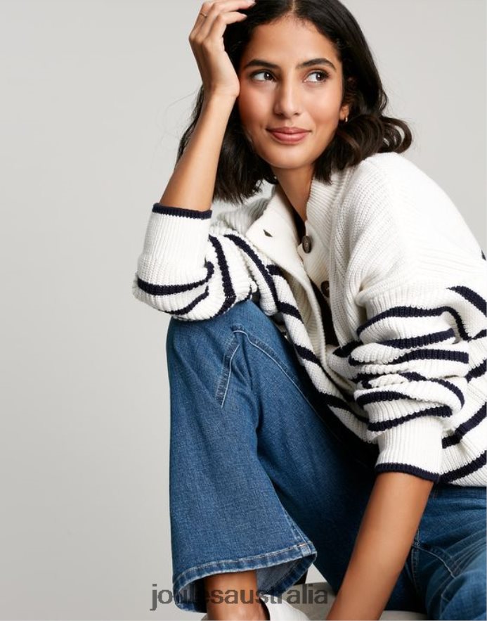 Joules Apparel Women Cove Button Through Chunky Sweater NVVNL90 NAVY CREME STRIPE