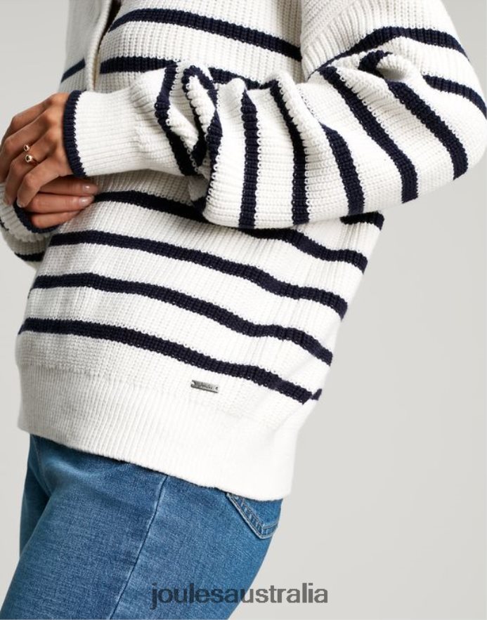 Joules Apparel Women Cove Button Through Chunky Sweater NVVNL90 NAVY CREME STRIPE